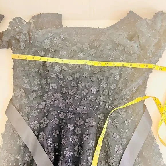 Tahari Floral Appliqué Sequin Three Quarter Sleeve Maxi Dress Size 12 Navy - Picture 7 of 9